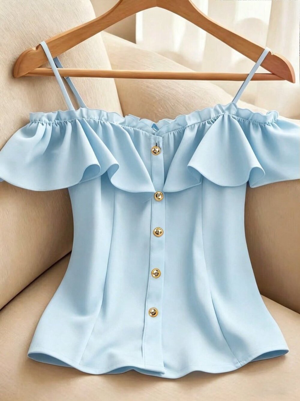 Blue Casual Women's Ruffle Trim Off-Shoulder Single-Breasted Blouse